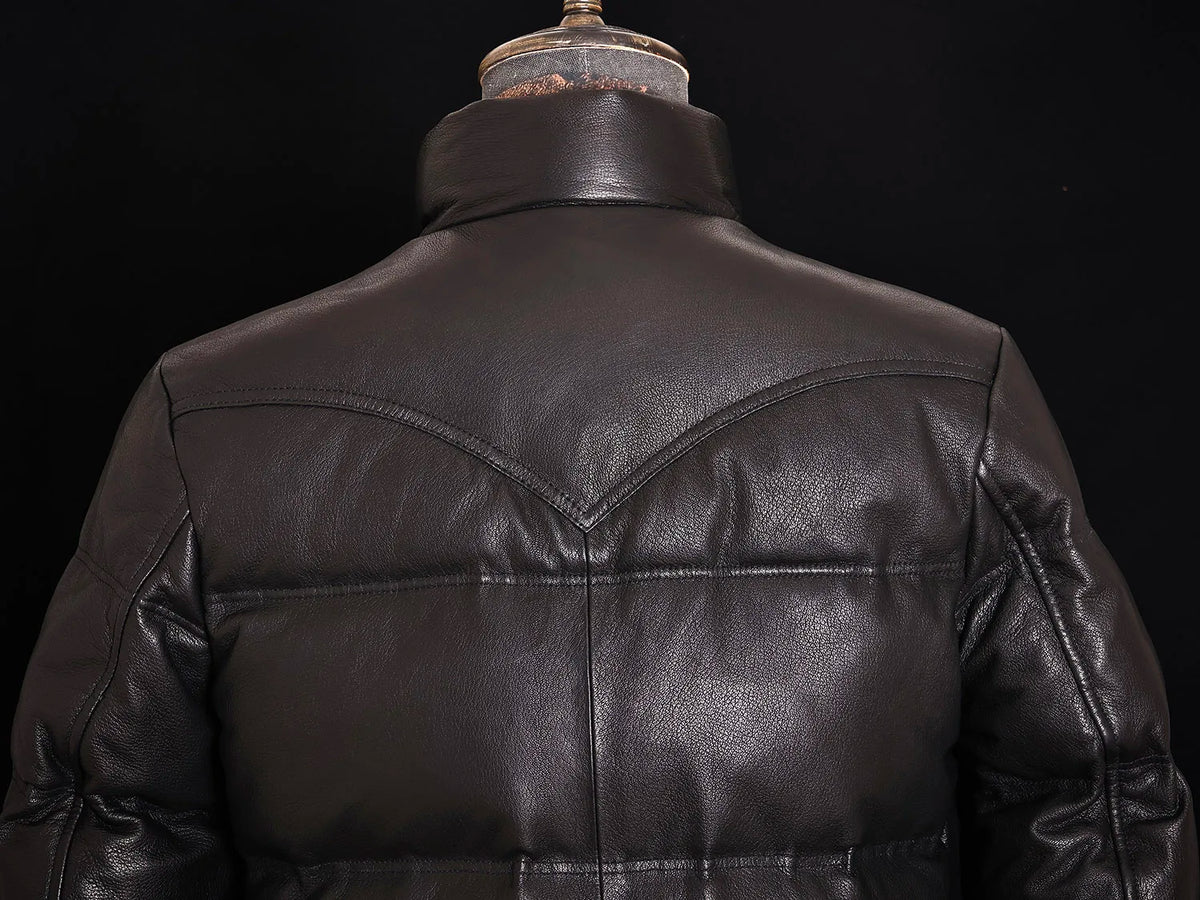 Black Winter Leather Jacket Men Retro Style Plus Size 5XL Genuine Natural Sheepskin Stand Collar Thick Warm Down Coat