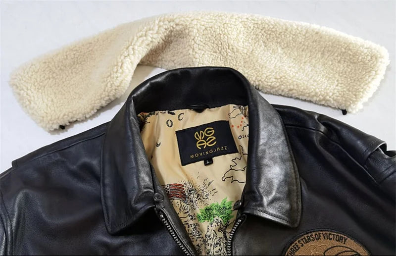 Black Winter Leather Jacket Men Retro Style Europe Size Genuine Natural Thick Sheepskin Turn-Down Collar Military G1 Flight Coat