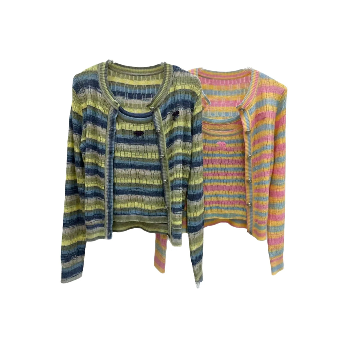 Colorful Striped Knitted Vest Hollow out Slimming U-Neck Summer Cardigan Fashionable Women's Clothing Breathable Ice Silk
