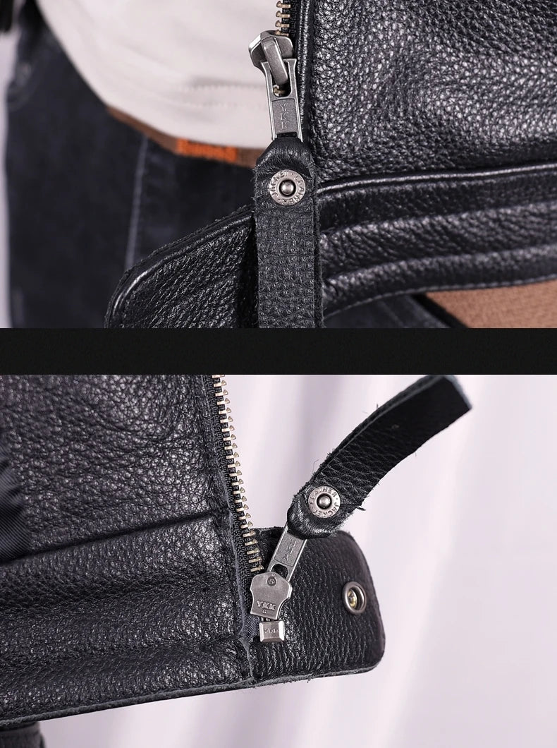 Black Autumn Leather Jacket Men Sports Style Plus Size 5XL Genuine Natural Cowhide Stand Collar Slim Fit Short Coat
