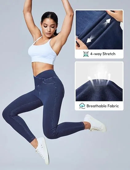 High Elasticity Yoga Jeans Women's Casual Straight Leg Pocket Design Slimming Tight Fit Princess Series Polyester Fiber