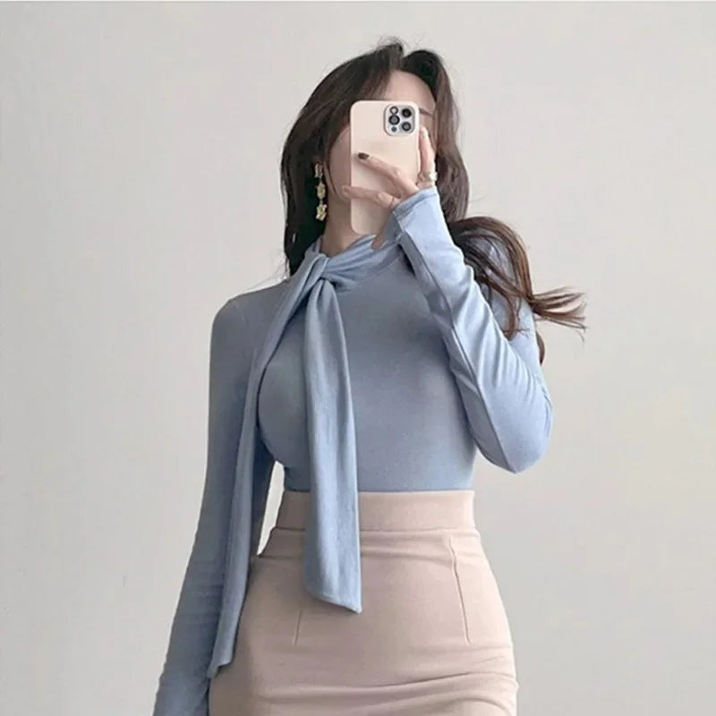 Korean Style Women's Long Sleeve T-Shirt Bow Design Halter Neck Slim Fit Comfortable Base Shirt Cotton Spring Summer Top