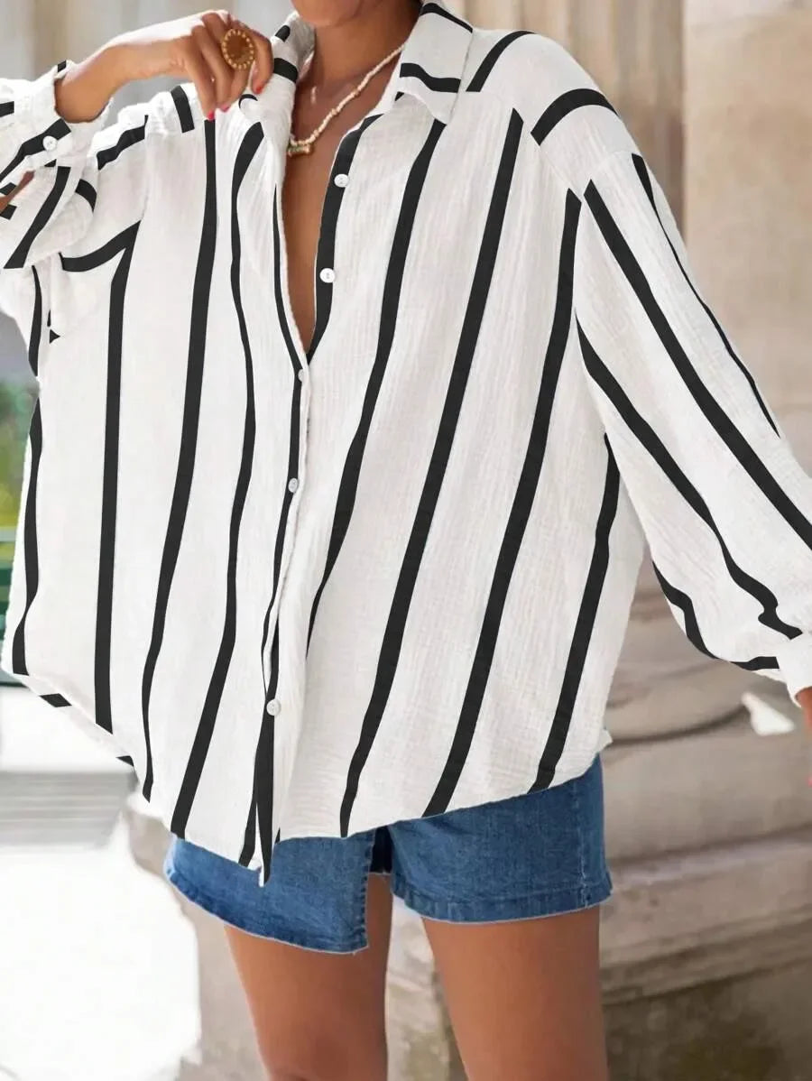 Women's Long Sleeve Button Cardigan Striped Shirt Slim Fit Polo Collar Full Length Autumn Winter New Style Cross Border Independ