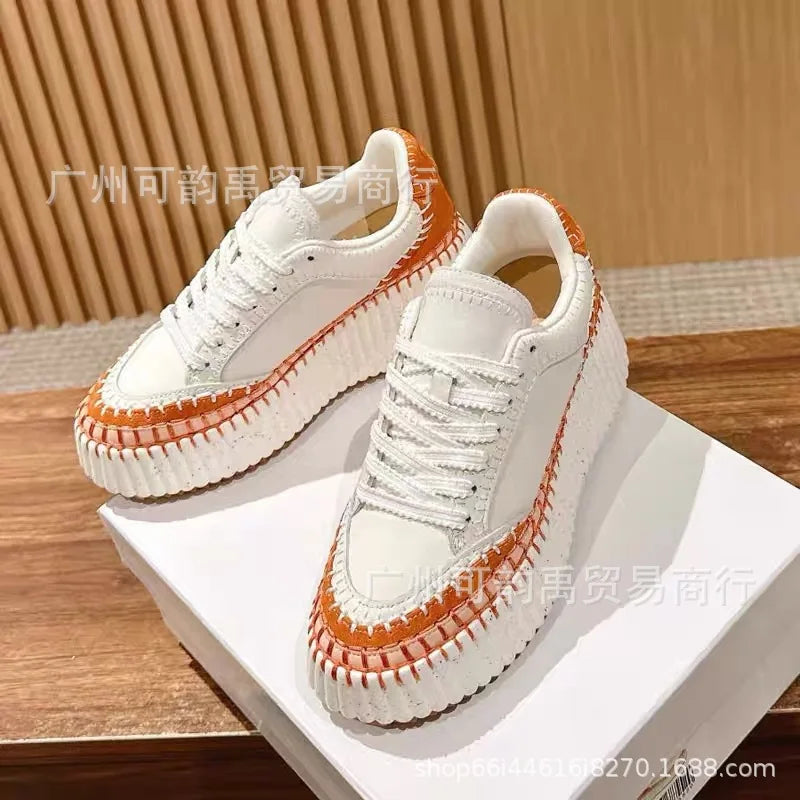 New 2025 Women's Thick Bottom Sports Shoes Sewn Casual Cowhide High Toppling Bottom Flat Shoes Comfortable Breathable Leather
