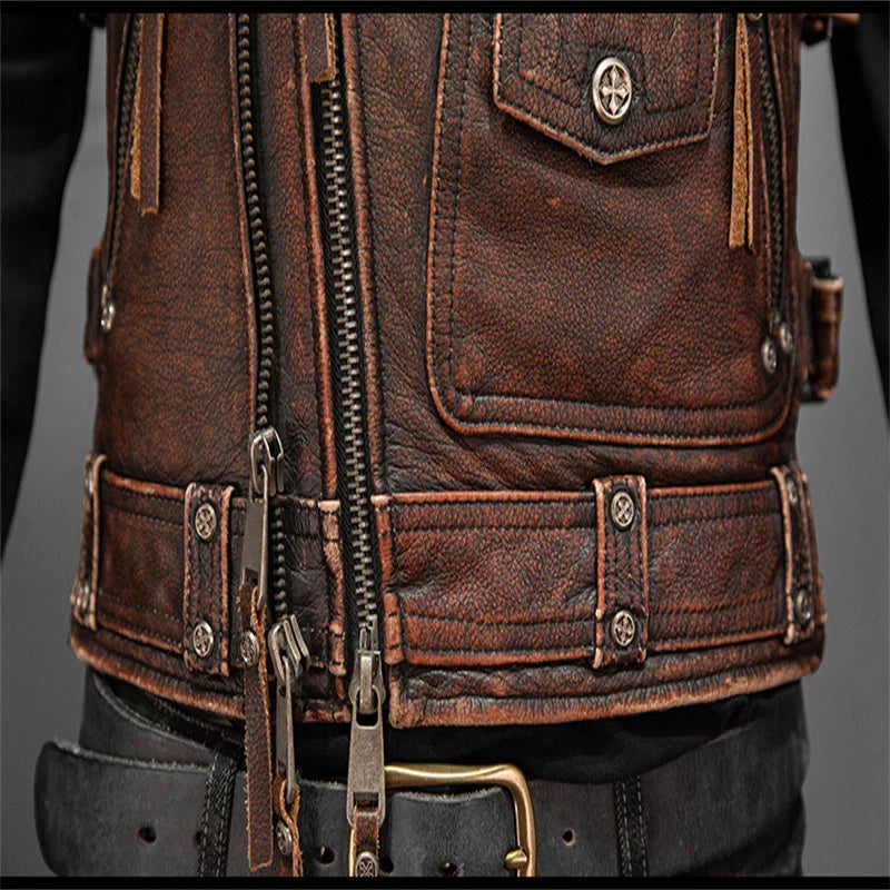 Men Red Brown Leather Biker Vest Vintage Distressed Asymmetrical Zip Sleeveless Jacket Punk Rock Studded Multi-Pocket Waistcoat