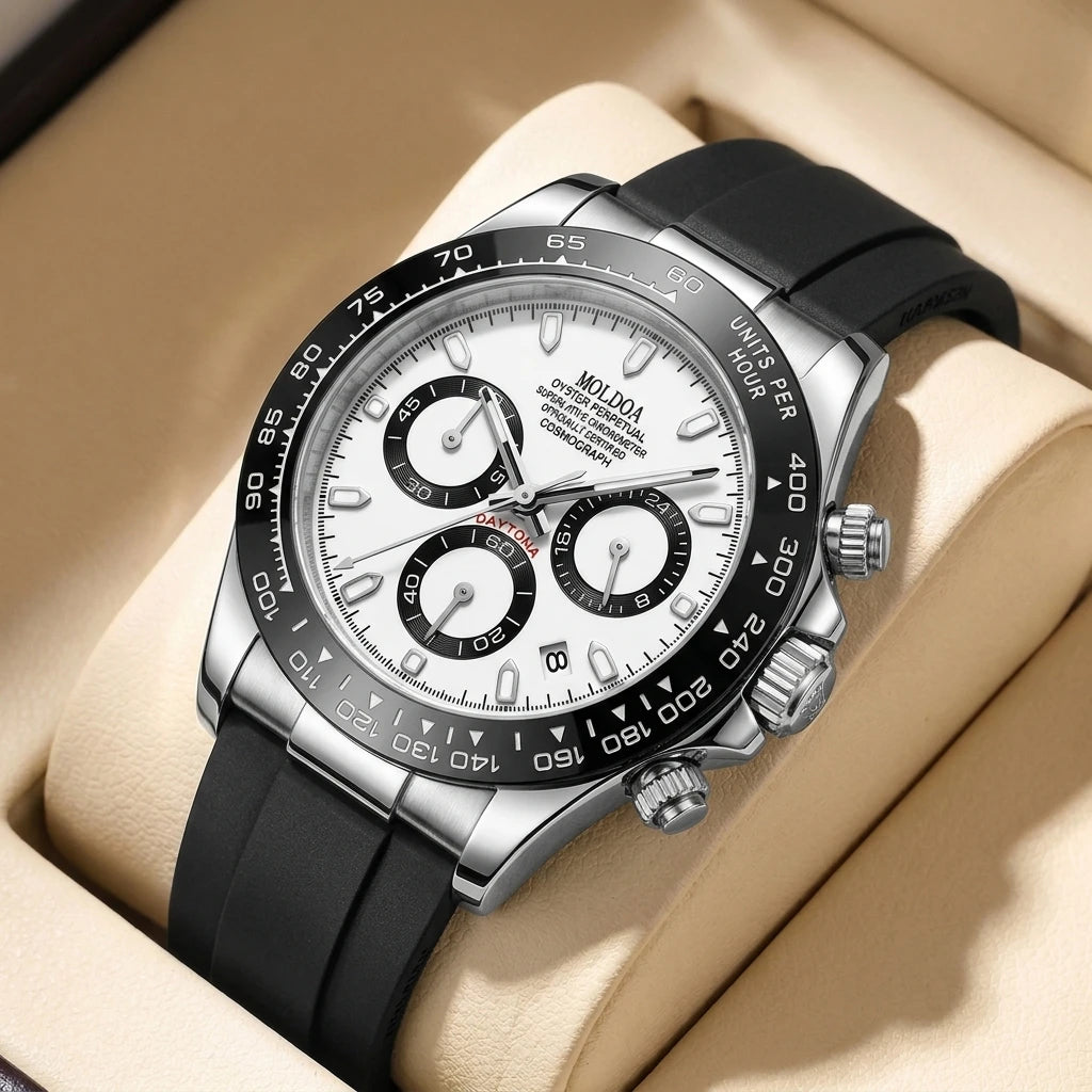 A Men's Silver Steel Strap Trendy Business Trinocular Multi-Function Graduated Quartz Watch