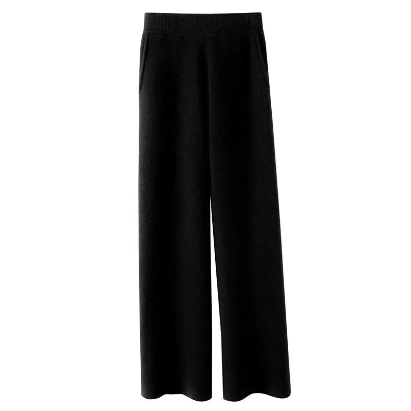 Loose Knitted Cashmere Wide Leg Pants Women's Autumn Winter Woolen Straight Cut Trousers Floor Length Pocket Design Elegant
