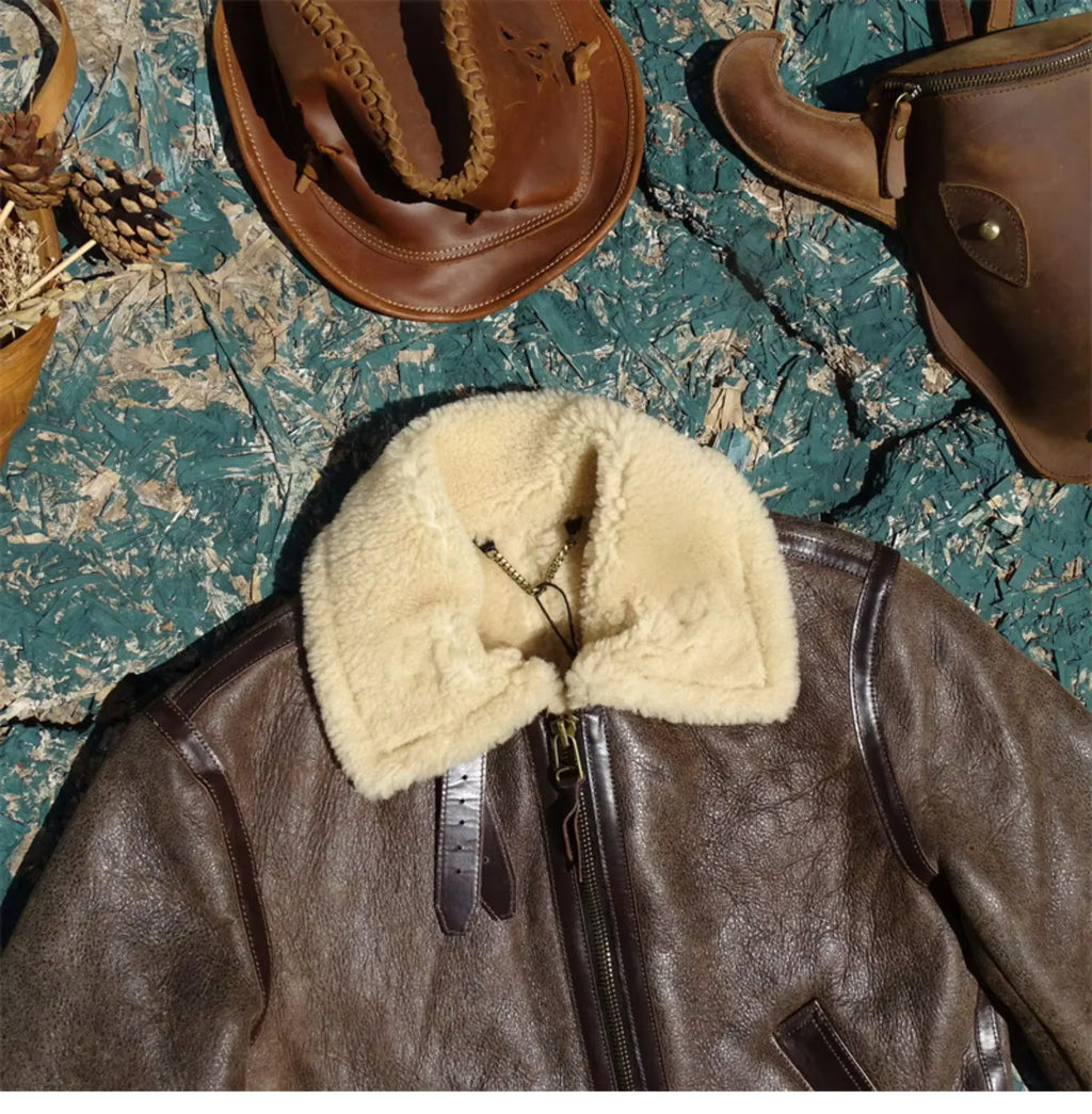 Dark Brown Winter Shearling Jacket Men Retro Style Plus Size 5XL Genuine Natural Thick Sheepskin B6 Bomber Flight Coat