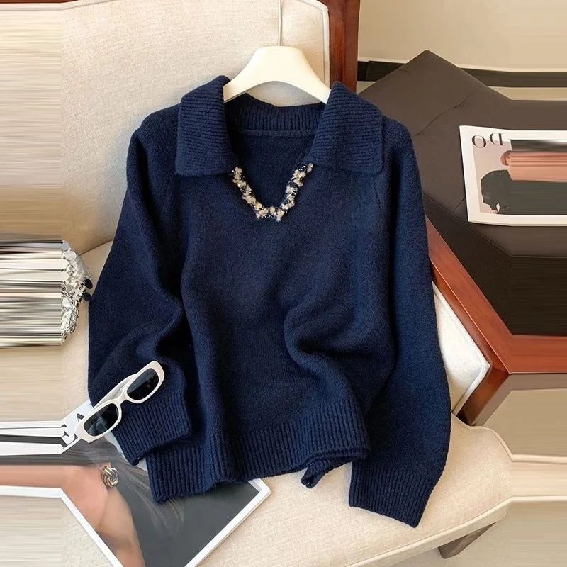 French Collar Heavy Embellished Long Sleeve Knitwear New Autumn Winter Dance Beautiful Women's Top V-neck Polyester Blend