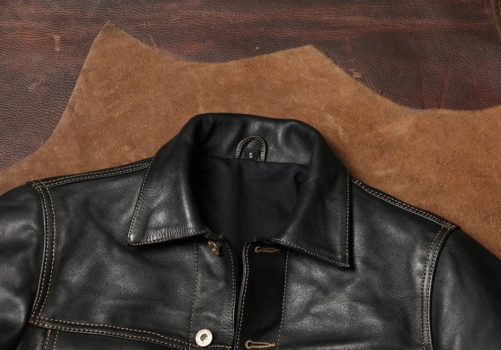 Black Autumn Leather Jacket Men Retro Style Plus Size 4XL Genuine Natural Thick Cowhide Single Breasted Casual Denim Coat