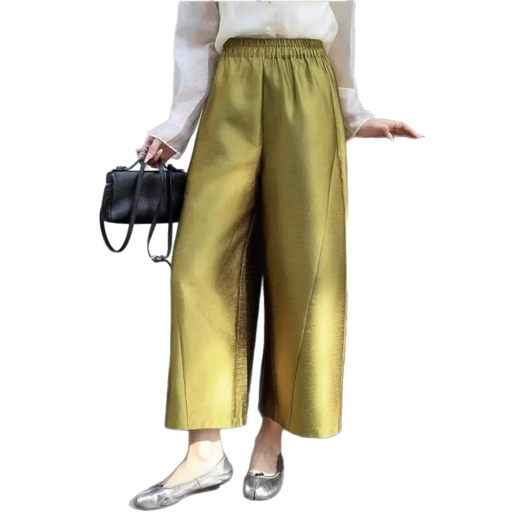 New Chinese Style Nine-Piece Silk-Light Casual Pants Women's Loose Fit Trousers in Peach Blossom White Elegant And Retro