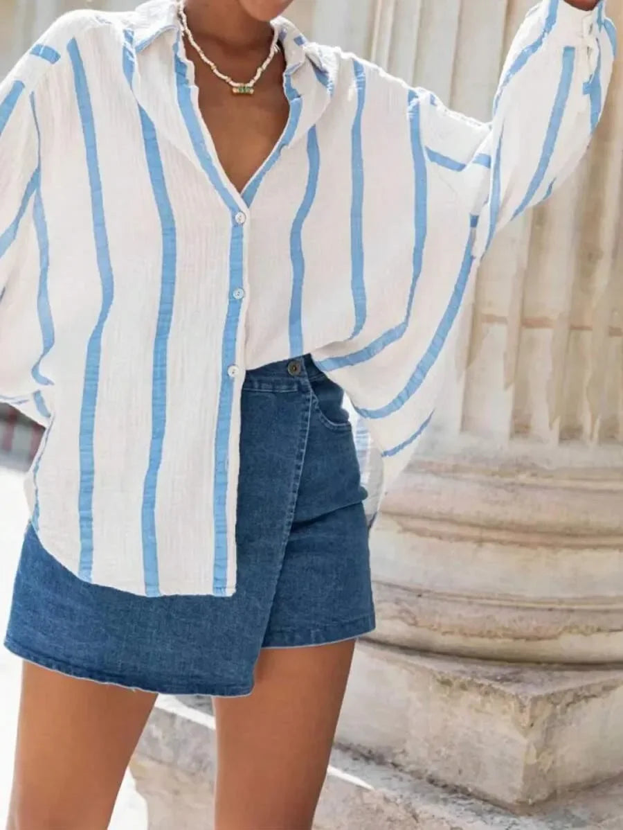 Women's Long Sleeve Button Cardigan Striped Shirt Slim Fit Polo Collar Full Length Autumn Winter New Style Cross Border Independ