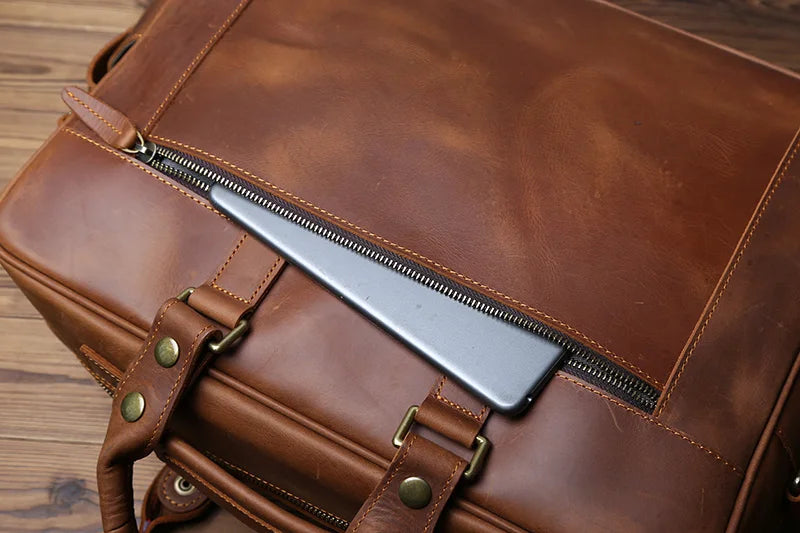 Retro Men's Leather Handbag Top Layer Cowhide Briefcase Large Capacity Travel Bag Crazy Horse Leather Laptop Shoulder Bag NZPJ