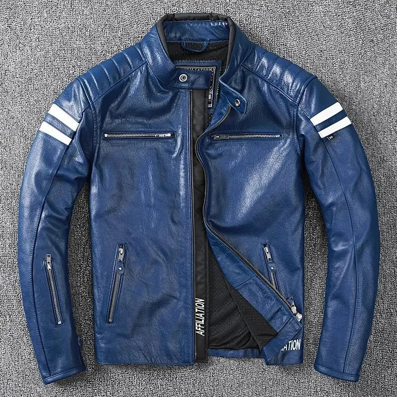 Blue Spring Leather Jacket Men Sports Style Plus Size 3XL Genuine Natural Cowhide Stand Collar Slim Fit Leather Coat