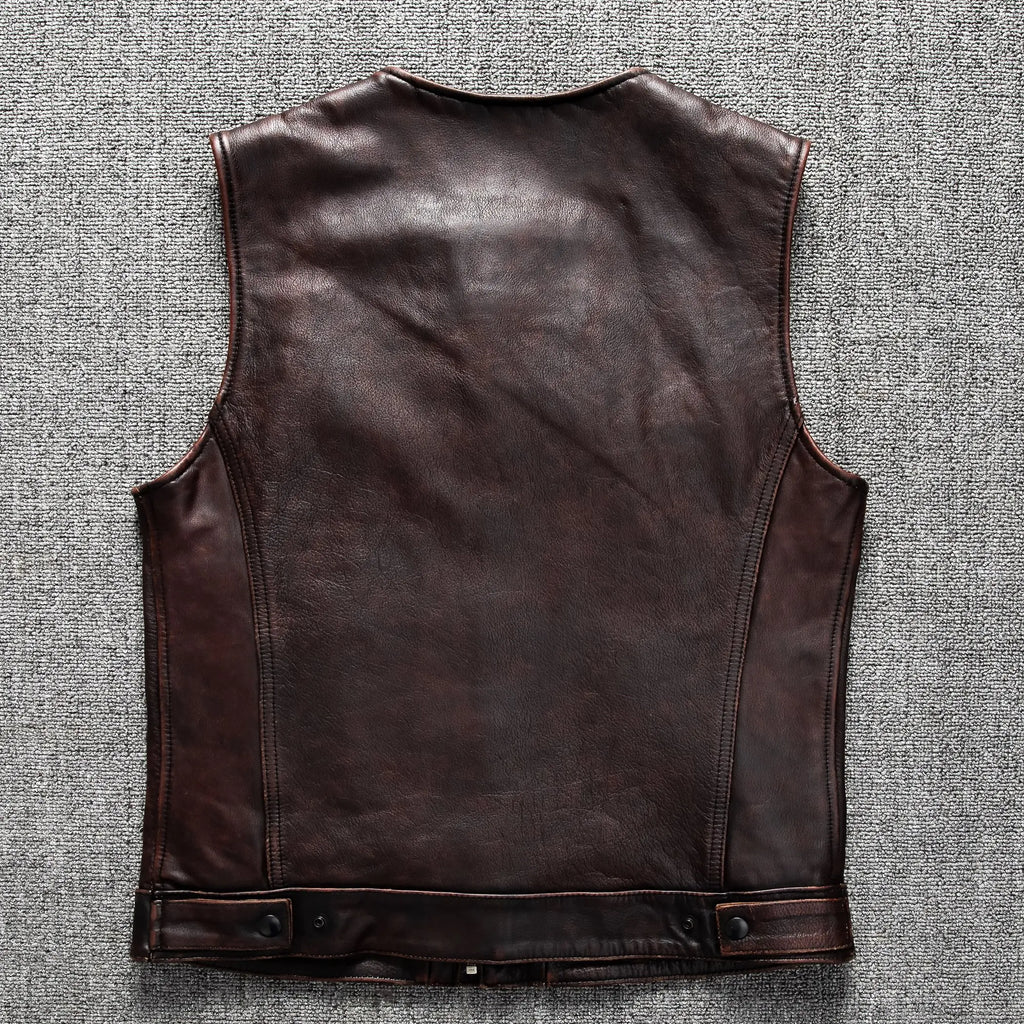 Red Brown Spring Leather Vest Men Retro Style Plus Size 6XL Genuine Natural Cowhide O-Neck Collar Slim Fit Short Sleeveless Coat