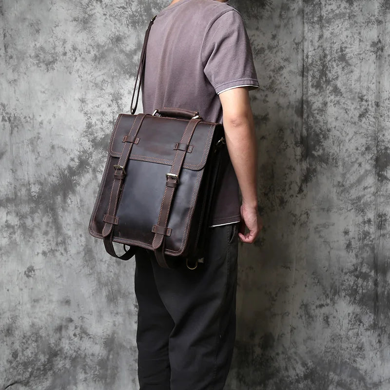 NZPJ Vintage Genuine Leather Men's Shoulder Bag Top Layer Cowhide Crossbody Bag Crazy Horse Leather Handheld Briefcase Laptops