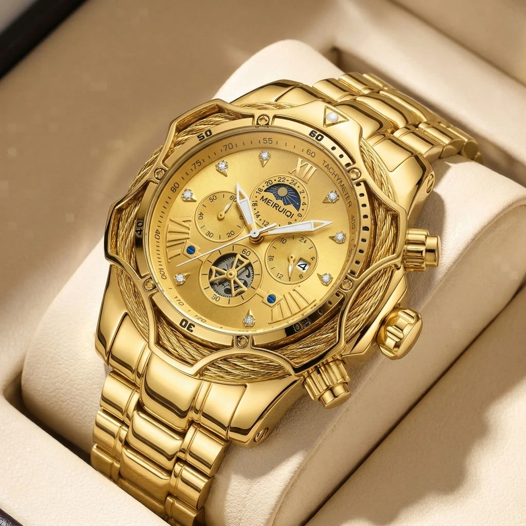 1pc Iridescent Color Changing Metal Strap Watch Mechanical Hollow Dial Chronograph Fashion Trendy Wristwatch For Men Women Daily