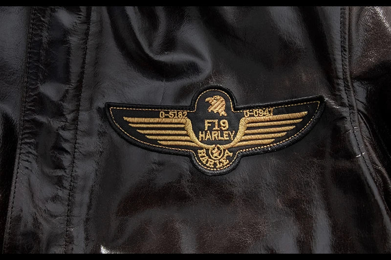 Men's Genuine Leather Military Flight Jacket | Real Leather Embroidered Patches G-1 Bomber Pilot High-Gloss Oil-Wax Brown