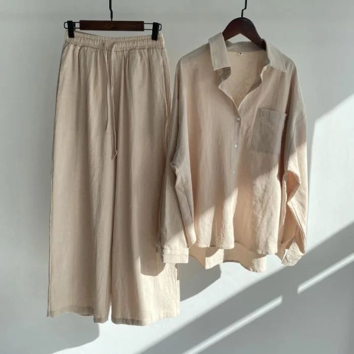 Retro Large Size Cotton Linen Shirt Set High Waist Loose Pants Two Piece Set Women's Clothing Casual Fashion Summer Season