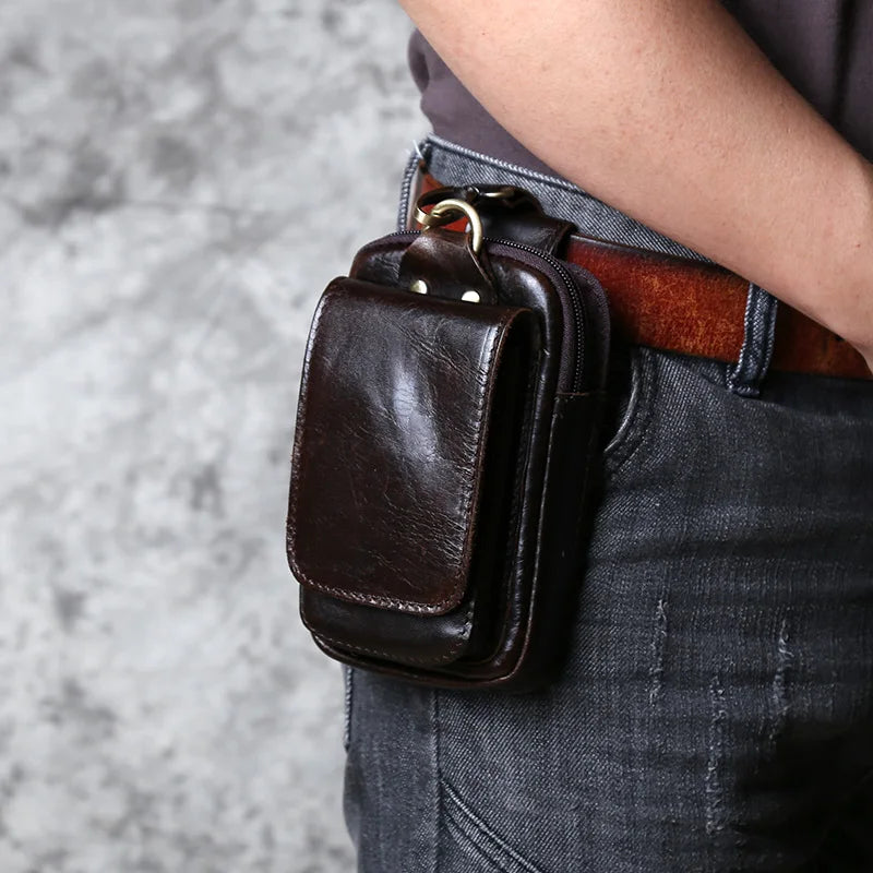 NZPJ Genuine Leather Men's Waist Bag Top Layer Cowhide Fashion Hook Bag Leisure Belt Bag Cigarette Box 6.5-inch Mobile Phone Bag