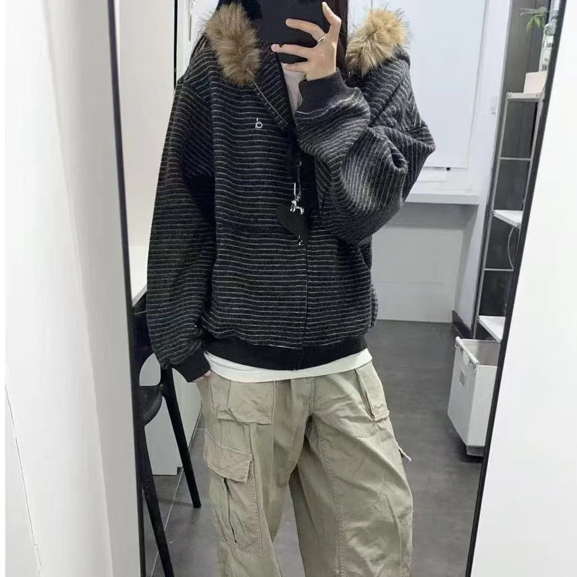 Retro American Striped Hoodie Jacket Women's Loose Fur Collar Outerwear Autumn Winter Zipper Open Cardigan Style Polyester