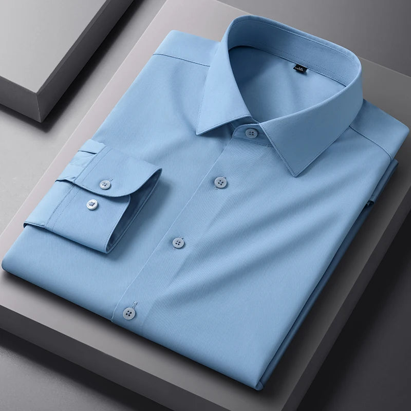 Bamboo Fiber Solid Color Long Sleeve Shirts for Men Slim Fit Formal Plain Shirt Work Anti-Wrinkle Tops Soft Office Clothes