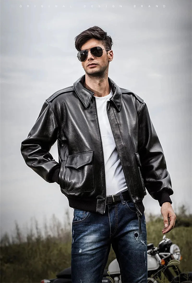 Black Winter Leather Jacket Men Military Style Europe Size Genuine Natural Thick Cowhide Warm Turn-Down Collar A2 Flight Coat