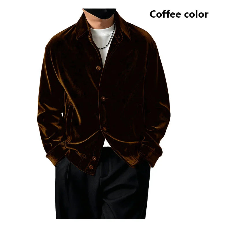 Natural Silk Velvet Men's Jacket - Long-sleeved Collar Formal Coat - Loose, Comfortable, Soft, Smooth, Casual Shirt
