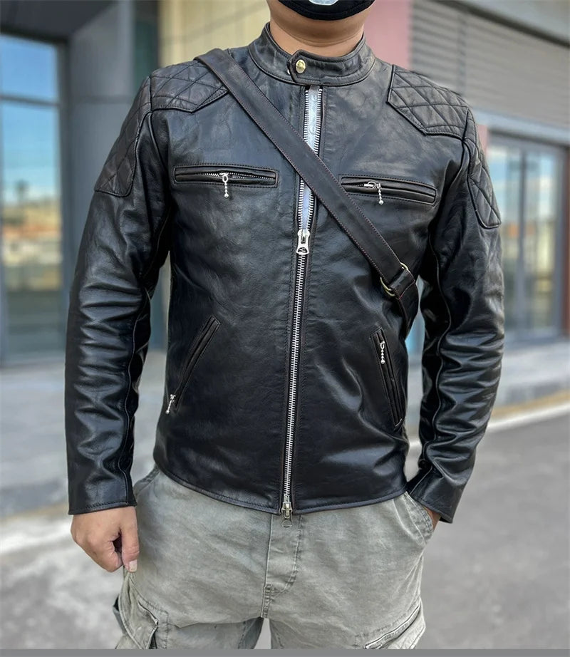 Black Winter Leather Jacket Men Vintage Style Plus Size 5XL Genuine Natural Cowhide Stand Collar Slim Fit Leather Coat