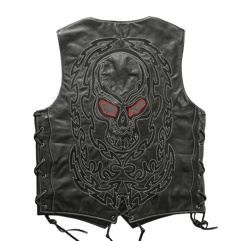 Black Four Seasons Leather Vest Men Sports Style Plus Size 5XL Genuine Natural Cowhide Single Breasted Skulls Embroidery Vest