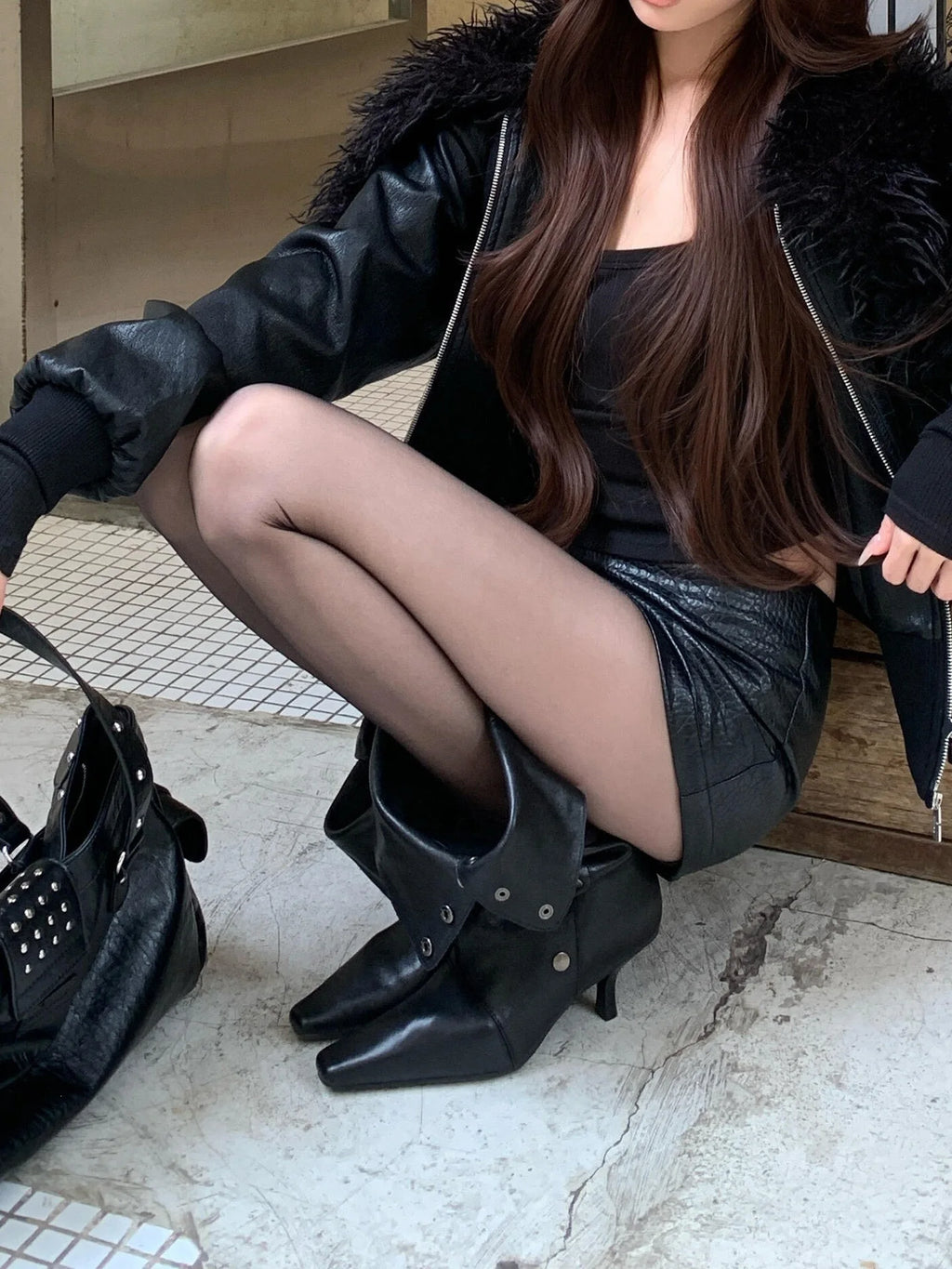 Yumeida Black High Heel Boots Women's Design Foldable Two-Way Wear Knight Long Boots above Knee Hot Girl Fashion Booties