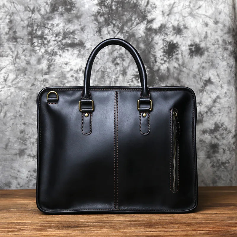 NZPJ Men's Briefcase Leather Handbag Retro Top Layer Cowhide Laptop Bag Crazy Horse Leather Shoulder Messenger Bag Luxury Bag