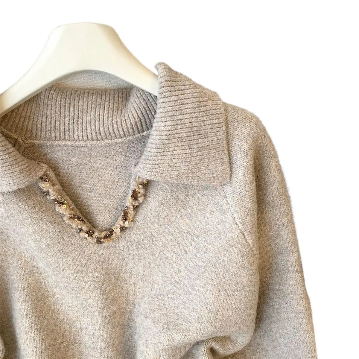 French Collar Heavy Embellished Long Sleeve Knitwear New Autumn Winter Dance Beautiful Women's Top V-neck Polyester Blend