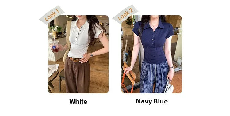 American Style Collared Short Sleeve T-Shirt Women Summer Slim Fit Flattering Short Length Fashionable Casual Commute Wear