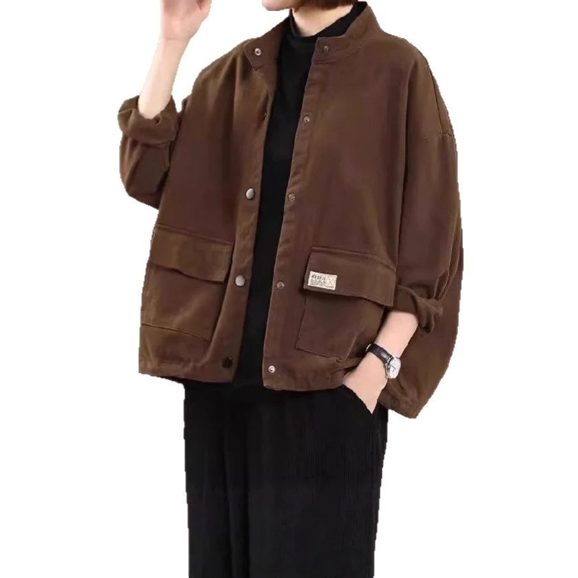 Loose Casual Women's Workwear Jacket Stand Collar Short Cardigan Outerwear Comfortable Polyester Cotton Blend Street Style