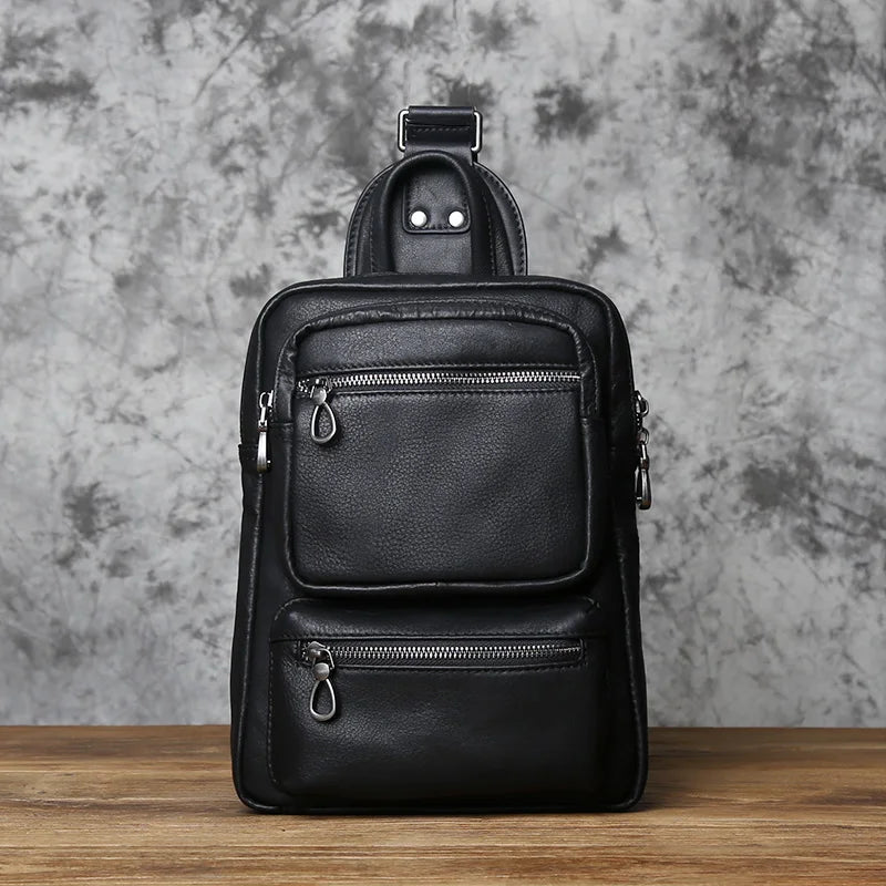 NZPJ New Men's Leather Chest Bag Large-Capacity Trend Single Shoulder Bag Casual First Layer Cowhide Messenger Bag 10 Inch Ipad
