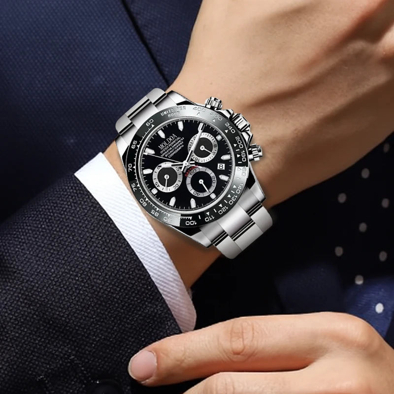 A Men's Silver Steel Strap Trendy Business Trinocular Multi-Function Graduated Quartz Watch