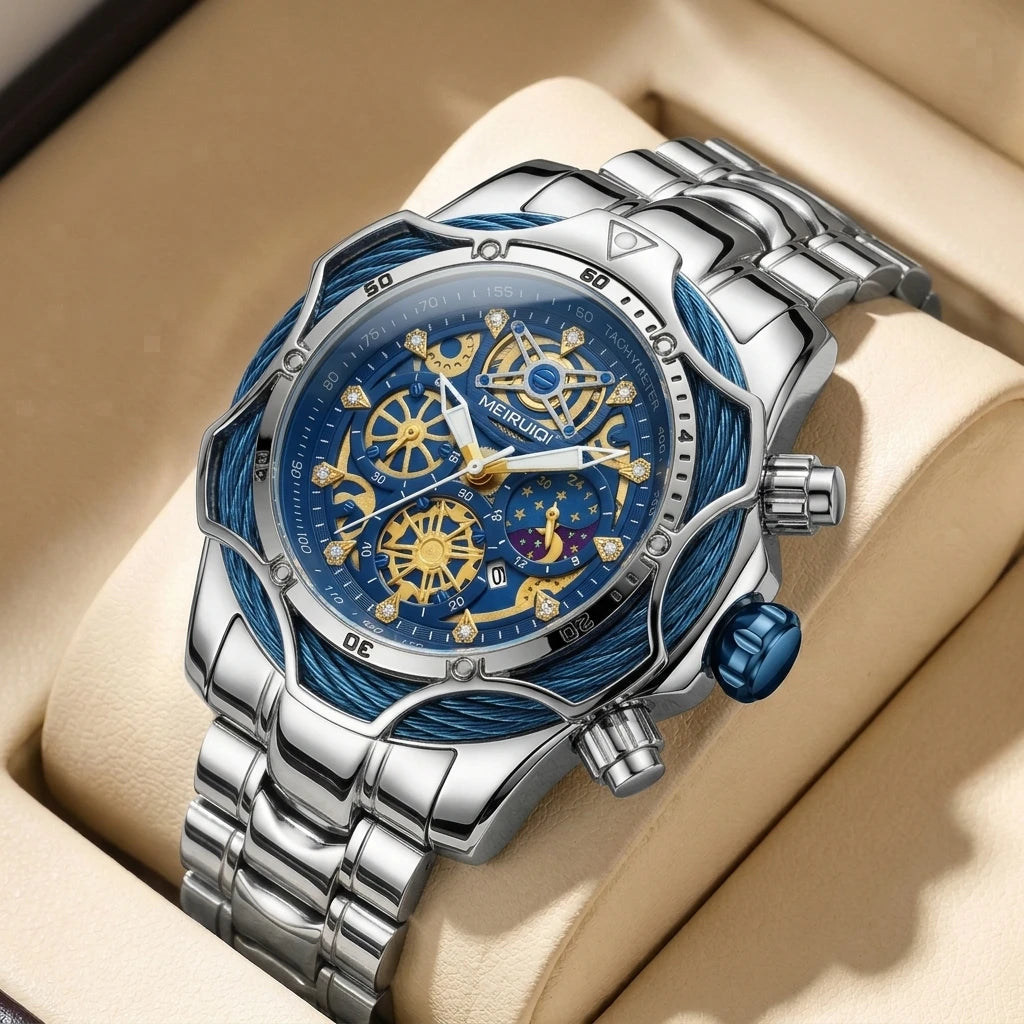 1pc Iridescent Color Changing Metal Strap Watch Mechanical Hollow Dial Chronograph Fashion Trendy Wristwatch For Men Women Daily