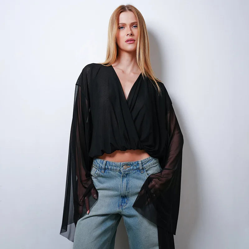 Elegant Pure Color V-Neck Mesh Splice Bell Sleeve Crop Top Women's Fashion Street Style Polyester Long Sleeve T-Shirt