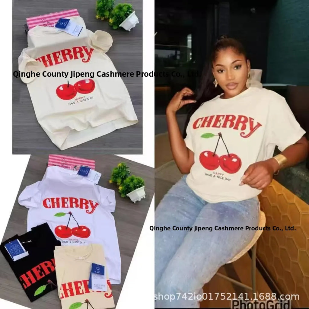 Loose Fit Embroidered Cotton T-Shirt Women's Shoulder Width round Neck Print Short Sleeve Cross-Border Half Sleeve Street Style