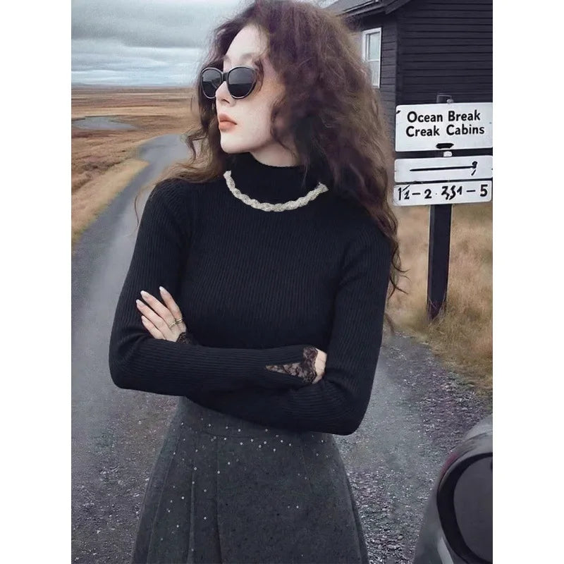 French Elegant Lace Splice Diamond Collar Knitted Sweater Women's Autumn Winter Slim Fit Base Shirt Long Sleeve Knitwear