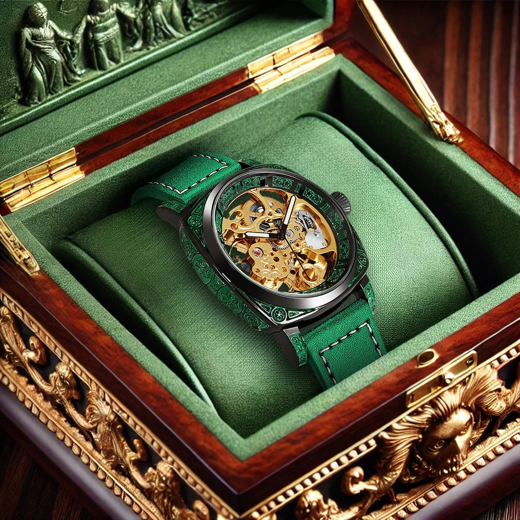 New Men's Watch with Gold Green Belt, Retro Style, Noble and Elegant Night Light Carving, Fully Automatic Mechanical Watch