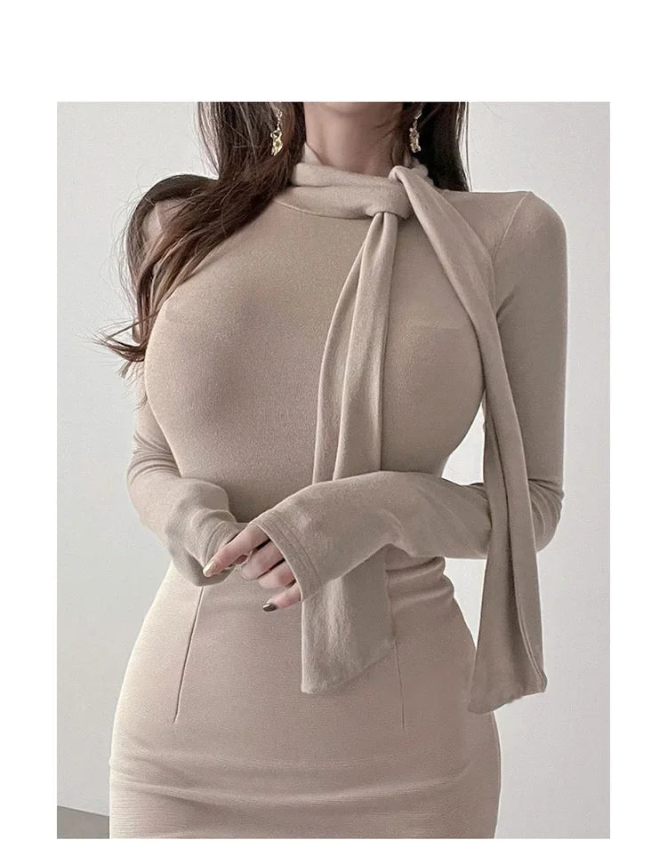 Korean Style Women's Long Sleeve T-Shirt Bow Design Halter Neck Slim Fit Comfortable Base Shirt Cotton Spring Summer Top
