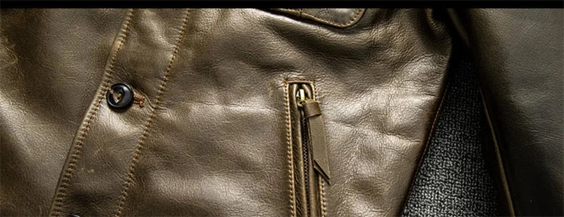 Light Green Autumn Leather Jacket Men Vintage Style Plus Size 4XL Genuine Natural Thick Cowhide Turn-Down Collar P37 Pilot Coat