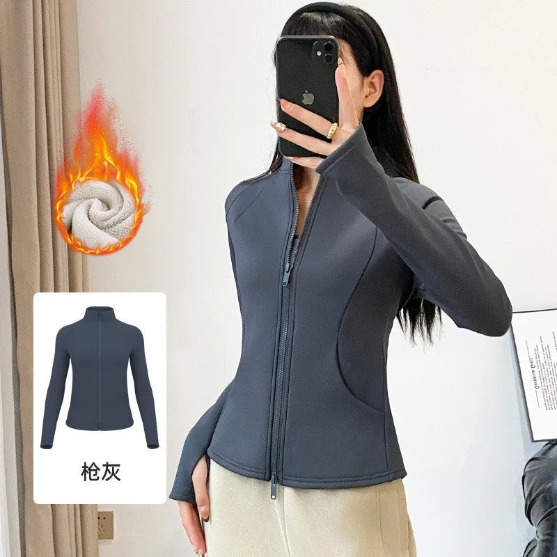 Fleece Lined Thickened Double Zipper Yoga Jacket Women's Autumn Winter Sporty Slim Fit All-Match Windproof Warm Top