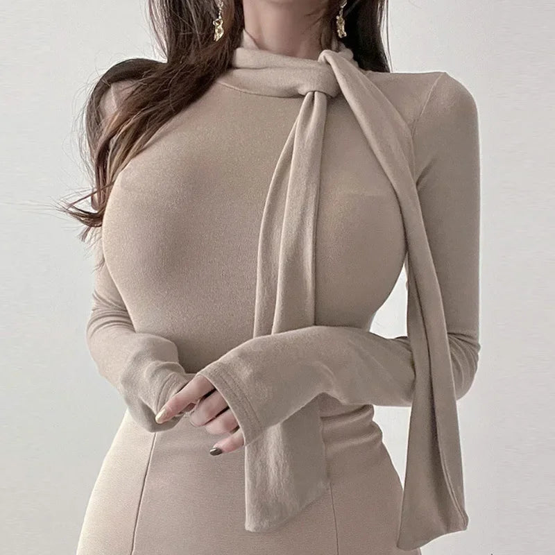 Korean Style Women's Long Sleeve T-Shirt Bow Design Halter Neck Slim Fit Comfortable Base Shirt Cotton Spring Summer Top