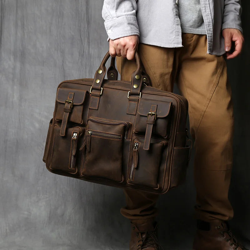 Retro Men's Leather Handbag Top Layer Cowhide Briefcase Large Capacity Travel Bag Crazy Horse Leather Laptop Shoulder Bag NZPJ