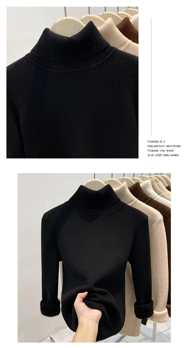 Thickened High Collar One-Piece Fleece Knitted Sweater Women Winter Slim Fit Inner Wear Fashionable Basic Style Base Shirt