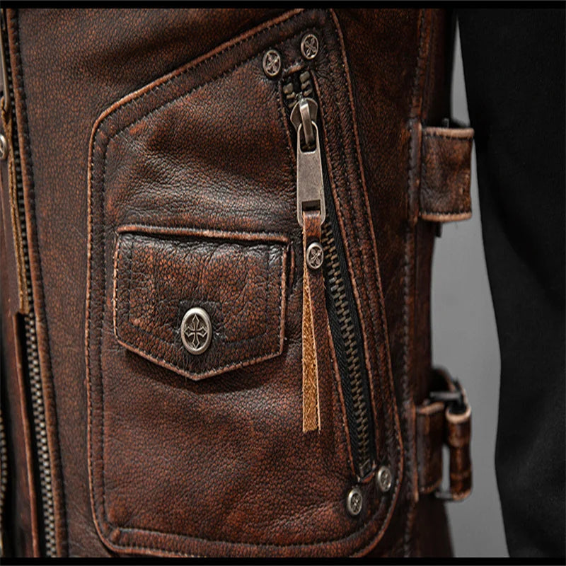 Men Red Brown Leather Biker Vest Vintage Distressed Asymmetrical Zip Sleeveless Jacket Punk Rock Studded Multi-Pocket Waistcoat