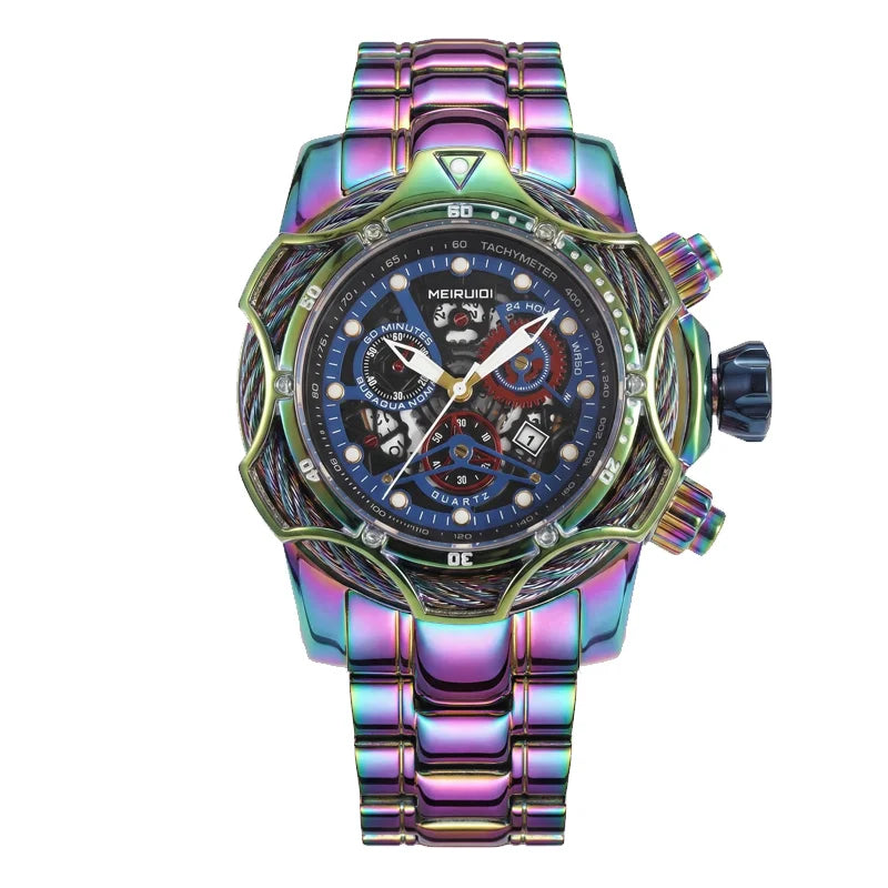1pc Iridescent Color Changing Metal Strap Watch Mechanical Hollow Dial Chronograph Fashion Trendy Wristwatch For Men Women Daily